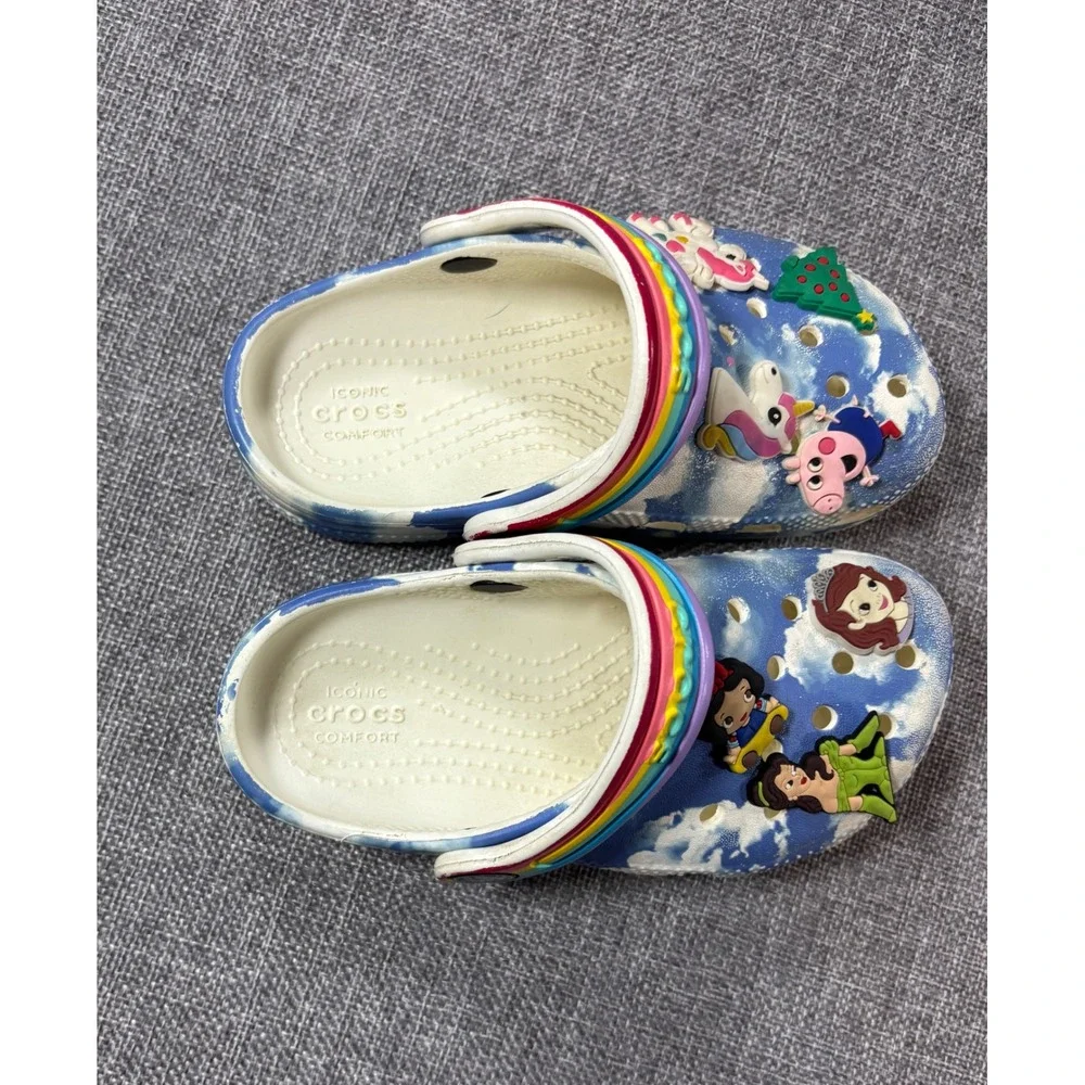 Crocs Kids Blue Cloud Rainbow Clog Shoes Toddler 9 Disney Peppa Jibbitz Charms